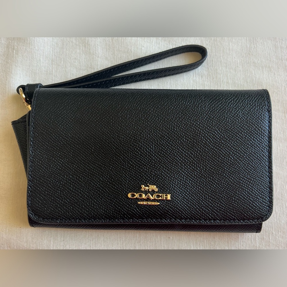 Coach Black Leather Wristlet with Gold Logo
